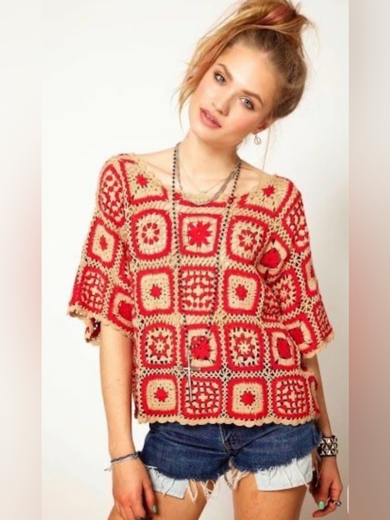 MINKPINK Tops - MINKPINK Red and Cream Crochet Square Top